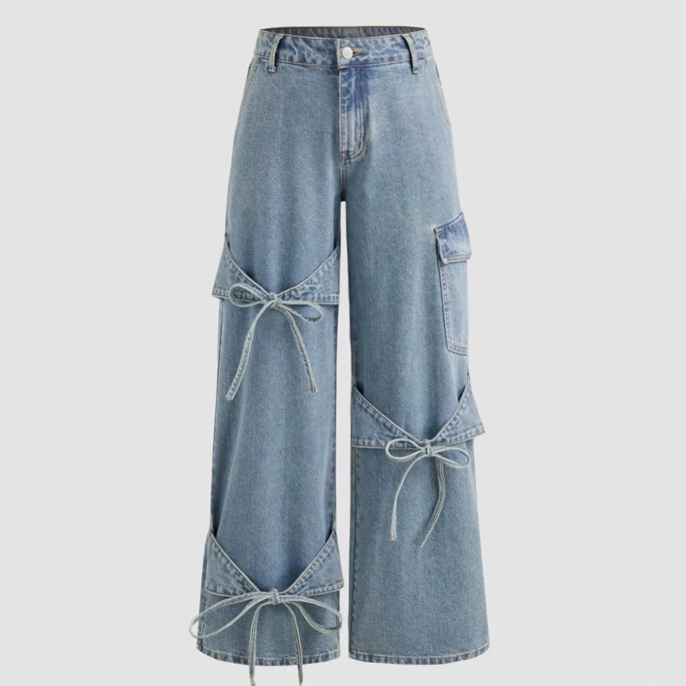 Cider Jeans Womens XS Wide‎ Leg Mid Rise Bowknot Tie Cargo Jean Light Wash Blue